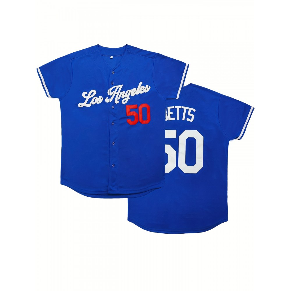 Letter And Number 50 Embroidery, Men'S Short Sleeve V-neck Baseball Jersey, Comfy Top For Training And Competition Letter And Number 50 Embroidery, Men'S Short Sleeve V-neck Baseball Jersey, Comfy Top For Training And Competition