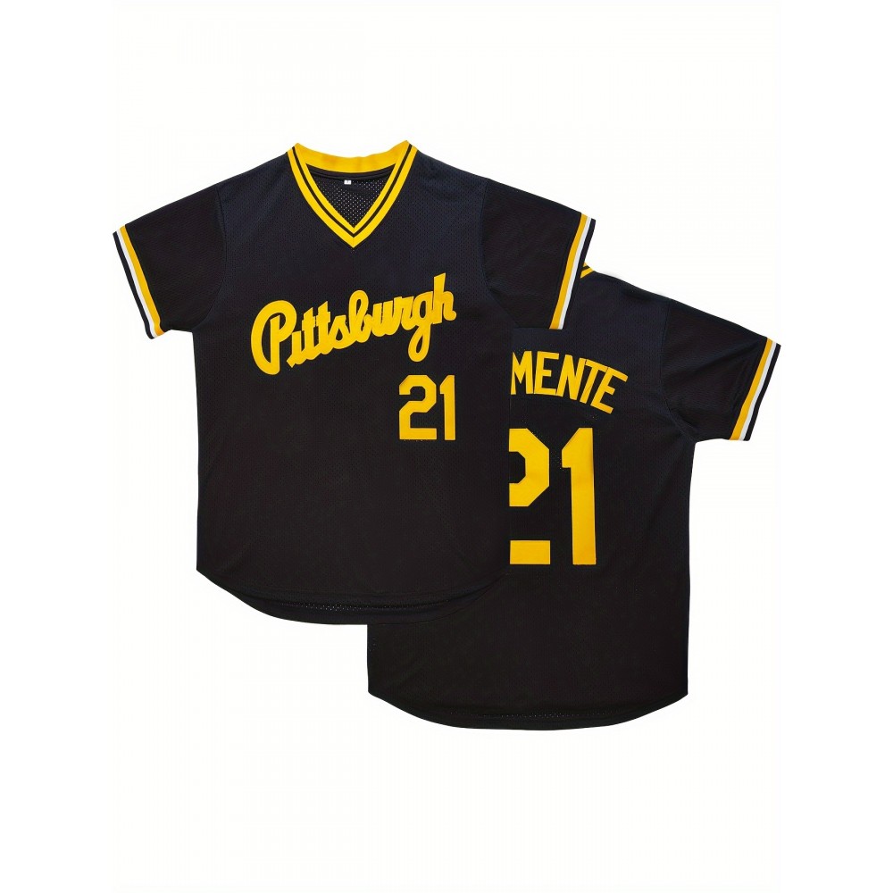 Men'S Pittsburgh #21 Black Baseball Jersey, 100% Polyester Knit Fabric, V-Neck Short Sleeve T-Shirt with Embroidered Letter & Number Design, Breathable & Slight Stretch, Casual Sports Top for All Seasons Men'S Pittsburgh #21 Black Baseball Jersey, 100% Polyester Knit Fabric, V-Neck Short Sleeve T-Shirt with Embroidered Letter & Number Design, Breathable & Slight Stretch, Casual Sports Top for All Seasons